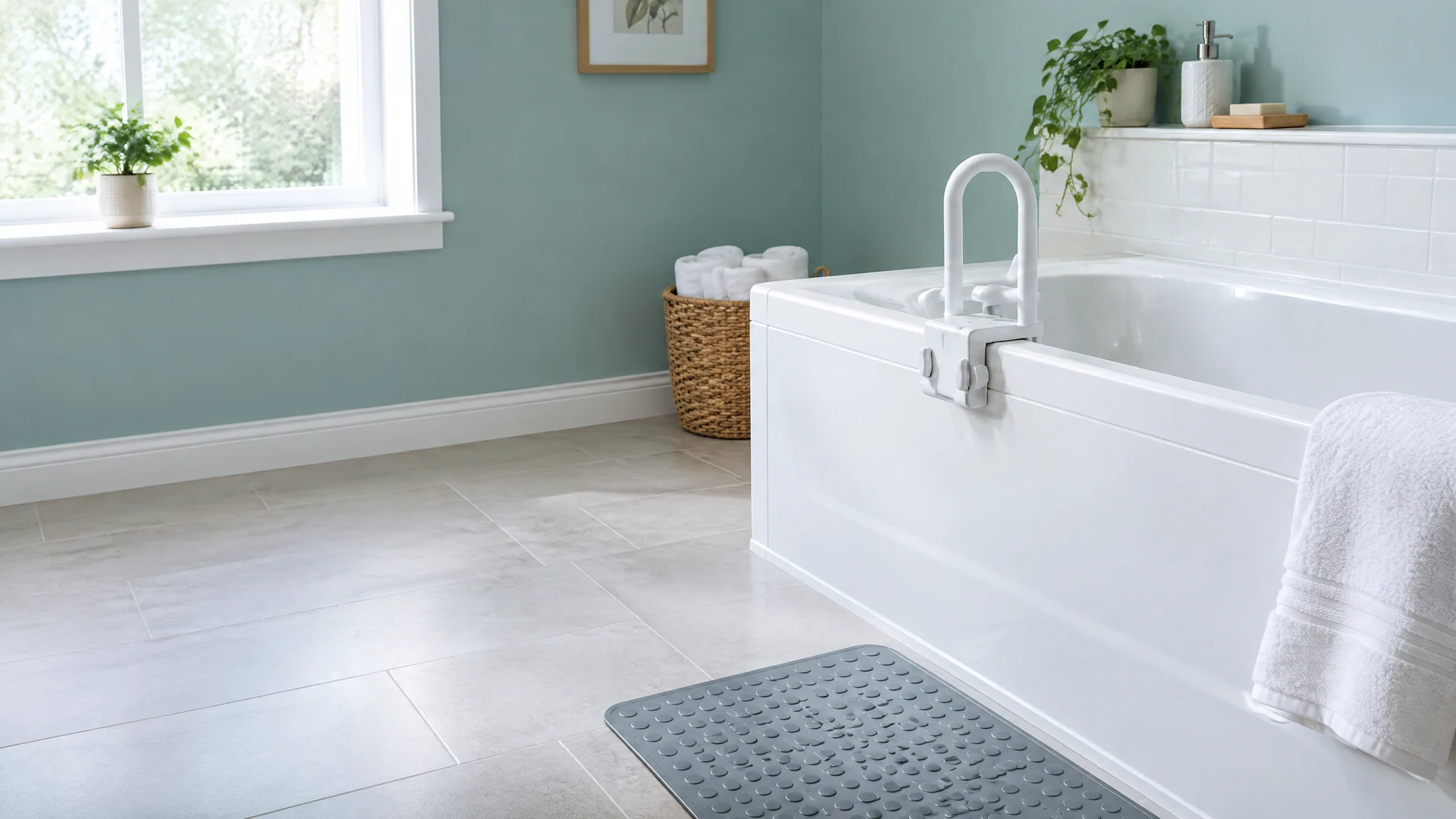 Bright bathroom with a white tub-side grab rail and a gray bath mat