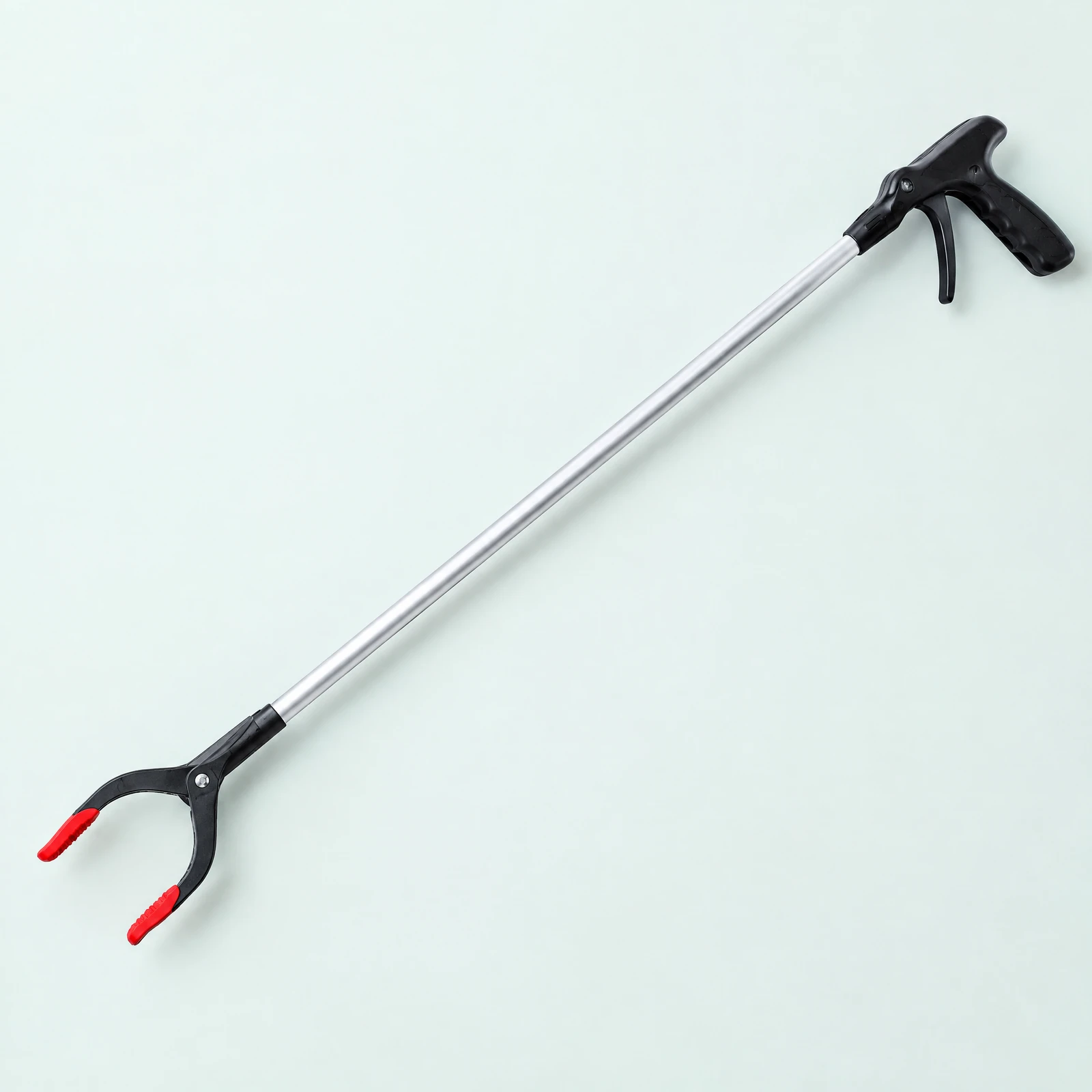 Reacher grabber with silver-tone shaft, black trigger handle and red-tipped jaws